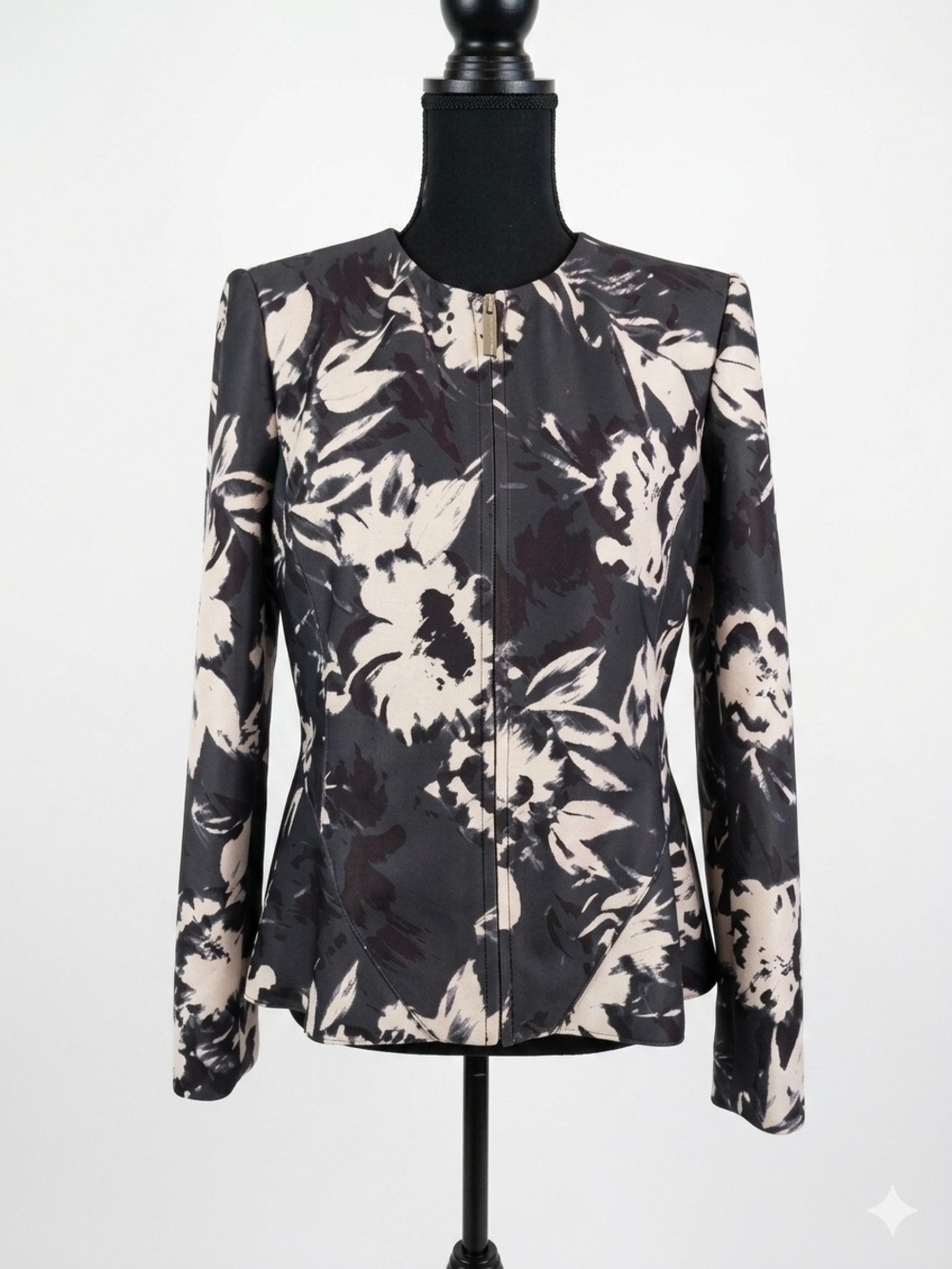 Dkny Black and Cream Floral Zip-Front Blazer